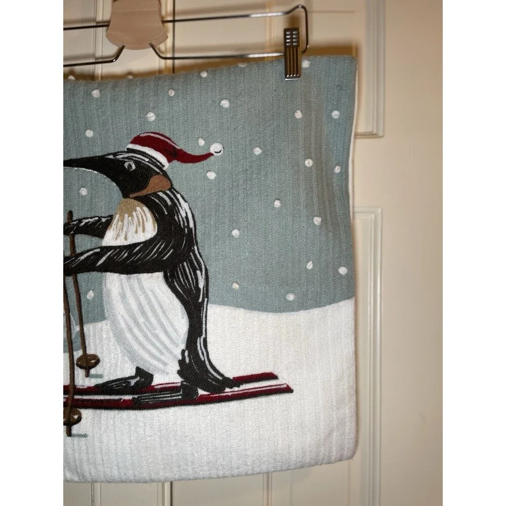 Pottery Barn Christmas Skiing Penguin Crewel Embroidered Pillow Cover Blue 18x18